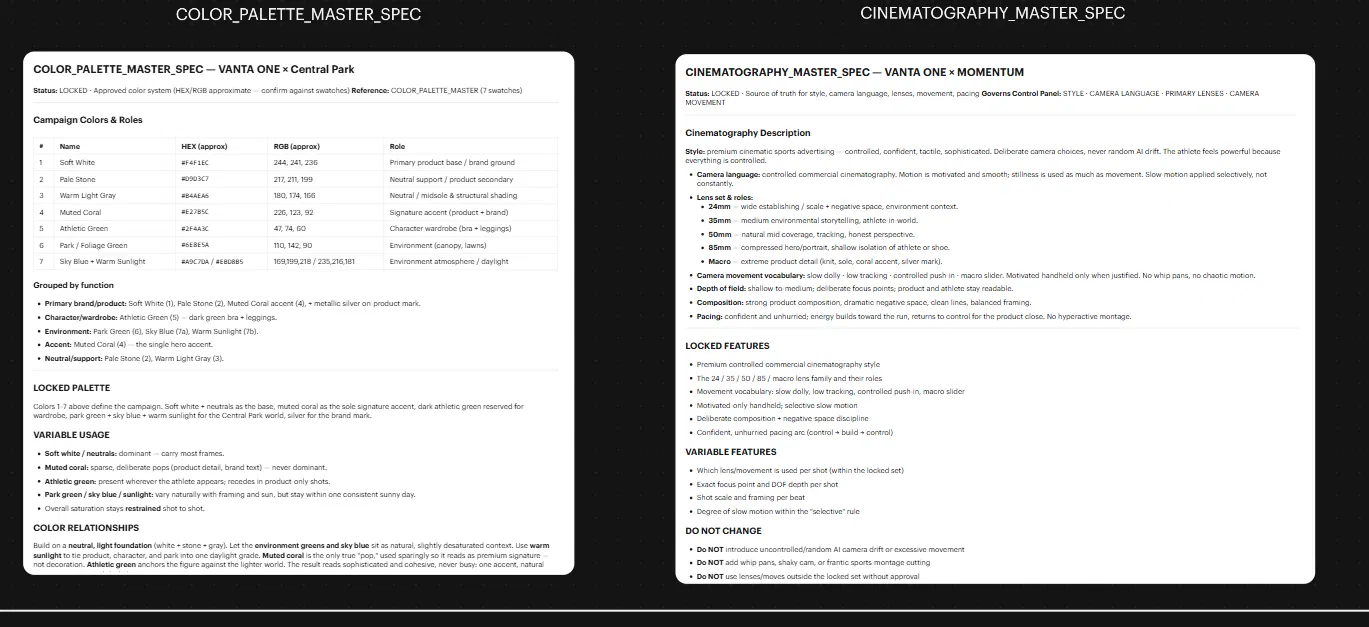 Color palette and cinematography master specs