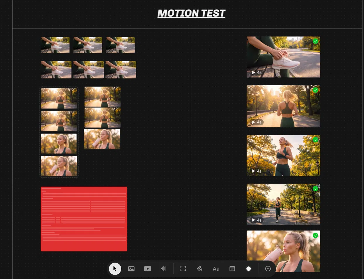 Motion test board comparing failed and approved animation attempts