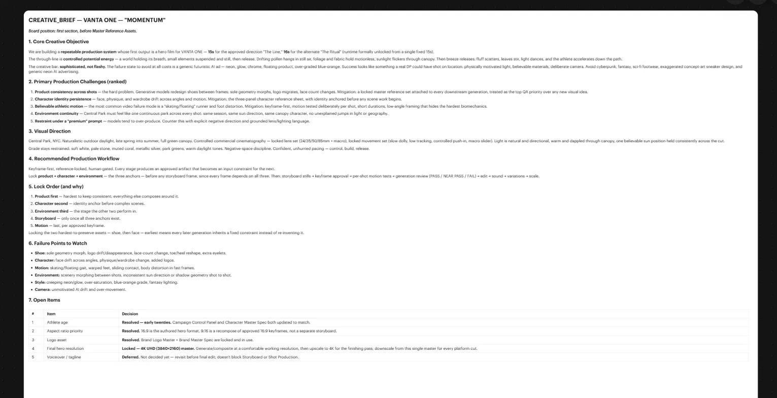 Creative brief document for VANTA ONE MOMENTUM
