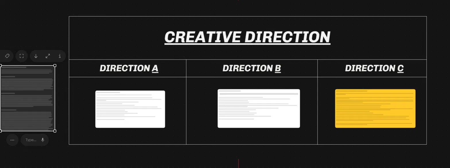 Creative direction board with three competing directions